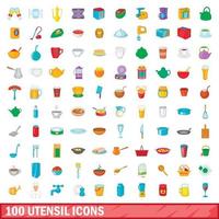 100 utensil icons set, cartoon style vector