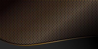 Abstract gold hexagon grid background image below with golden curved edge bands. vector illustration