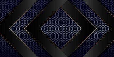 Abstract blue hexagonal hue background with black geometric shapes with gold edges stacked on top of each other. vector illustration 3d