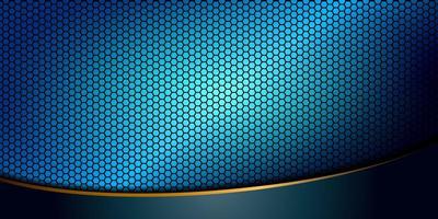 Hexagon blue hue abstract background image below with turquoise curved stripes with gold edges. vector illustration