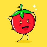 lindo personaje de tomate con expresión feliz, correr, dos manos arriba y ojos brillantes. verde, rojo y amarillo. adecuado para emoticonos, logotipos, mascotas vector