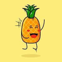 cute pineapple character with happy expression, jump, close eyes and mouth open. green and yellow. suitable for emoticon, logo, mascot vector