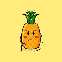 lindo personaje de piña con expresión de intimidación y sentarse. verde y amarillo. adecuado para emoticonos, logotipos, mascotas vector