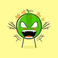 cute watermelon character with angry expression. both hands raised, eyes bulging and mouth wide open. green and yellow. suitable for emoticon, logo, mascot vector