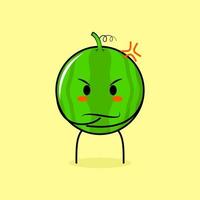 lindo personaje de sandía con expresión enojada. verde y amarillo. adecuado para emoticonos, logo, mascota. una mano en la barbilla vector