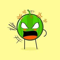 cute watermelon character with angry expression. green and yellow. suitable for emoticon, logo, mascot. one hand raised, eyes bulging and mouth wide open vector