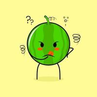cute watermelon character with thinking expression and hand placed on chin. green and yellow. suitable for emoticon, logo, mascot vector