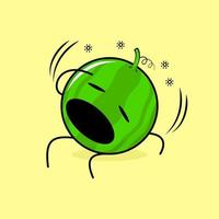 cute watermelon character with dizzy expression, mouth open, sit down and one hand on head. green and yellow. suitable for emoticon, logo, mascot vector