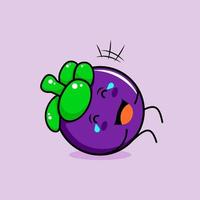 lindo personaje de mangostán con sonrisa y expresión feliz, acuéstate, cierra los ojos y llora. verde y morado. adecuado para emoticonos, logotipos, mascotas e iconos vector