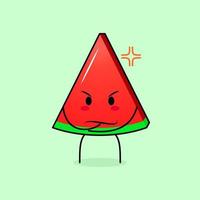 cute watermelon slice character with angry expression. green and red. suitable for emoticon, logo, mascot. one hand on chin vector