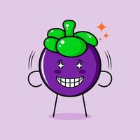 lindo personaje de mangostán con sonrisa y expresión feliz, ojos brillantes y sonriente. verde y morado. adecuado para emoticonos, logotipos, mascotas e iconos vector