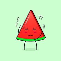 lindo personaje de rebanada de sandía con expresión de pensamiento, una mano en la cabeza y ojos cerrados. verde y rojo. adecuado para emoticonos, logotipos, mascotas vector