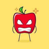 cute red apple character with angry expression. eyes bulging and grinning. green and red. suitable for emoticon, logo, mascot vector