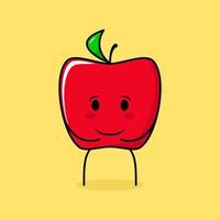 lindo personaje de manzana roja con sonrisa y expresión feliz, ambas manos en el estómago. verde y rojo. adecuado para emoticonos, logotipos, mascotas e iconos vector