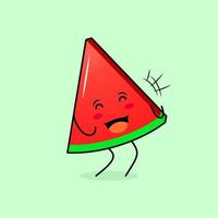 lindo personaje de rebanada de melón con sonrisa y expresión feliz, ojos cerrados y boca abierta. verde y rojo. adecuado para emoticonos, logotipos, mascotas e iconos vector