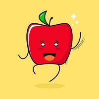 cute red apple character with smile and happy expression, jump, one hand up, mouth open and sparkling eyes. green and red. suitable for emoticon, logo, mascot and icon vector