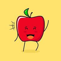 lindo personaje de manzana roja con sonrisa y expresión feliz, ojos cerrados y una mano arriba. verde y rojo. adecuado para emoticonos, logotipos, mascotas e iconos vector