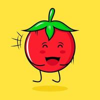 lindo personaje de tomate con expresión feliz, salto, ojos cerrados y boca abierta. verde, rojo y amarillo. adecuado para emoticonos, logotipos, mascotas vector