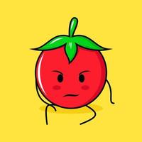 lindo personaje de tomate con expresión de intimidación y sentarse. verde, rojo y amarillo. adecuado para emoticonos, logotipos, mascotas vector