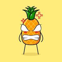 lindo personaje de piña con expresión enojada. ojos saltones y sonrientes. verde y amarillo. adecuado para emoticonos, logotipos, mascotas vector