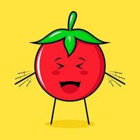 lindo personaje de tomate con expresión feliz, ojos cerrados, boca abierta y ambas manos temblando. verde, rojo y amarillo. adecuado para emoticonos, logotipos, mascotas vector