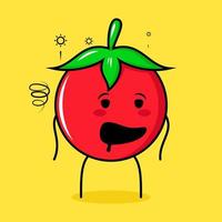 cute tomato character with drunk expression and mouth open. green, red and yellow. suitable for emoticon, logo, mascot vector