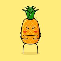 lindo personaje de piña con expresión feliz, ojos cerrados, ambas manos en el estómago y sonriendo. verde y amarillo. adecuado para emoticonos, logotipos, mascotas vector