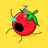 cute tomato character with sleep expression, lie down, close eyes and mouth open. green, red and yellow. suitable for emoticon, logo, mascot vector