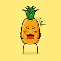 lindo personaje de piña con expresión feliz, ojos cerrados y boca abierta. verde y amarillo. adecuado para emoticonos, logotipos, mascotas vector