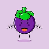 lindo personaje de mangostán con sonrisa y expresión feliz, ojos cerrados, boca abierta y ambas manos temblando. verde y morado. adecuado para emoticonos, logotipos, mascotas e iconos vector