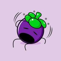 lindo personaje de mangostán con expresión mareada, boca abierta, sentarse y una mano en la cabeza. verde y morado. adecuado para emoticonos, logotipos, mascotas e iconos vector