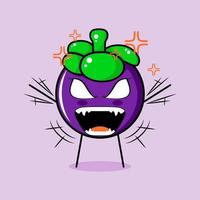 lindo personaje de mangostán con expresión enojada. ambas manos levantadas, los ojos desorbitados y la boca bien abierta. verde y morado. adecuado para emoticonos, logotipos, mascotas vector