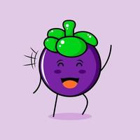 lindo personaje de mangostán con sonrisa y expresión feliz, ojos cerrados y una mano arriba. verde y morado. adecuado para emoticonos, logotipos, mascotas e iconos vector