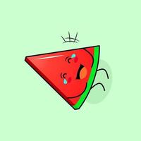 lindo personaje de rebanada de melón con sonrisa y expresión feliz, acuéstate, cierra los ojos y llora. verde y rojo. adecuado para emoticonos, logotipos, mascotas e iconos vector