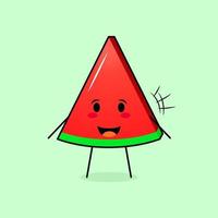 lindo personaje de rebanada de melón con sonrisa y expresión feliz, boca abierta. verde y rojo. adecuado para emoticonos, logotipos, mascotas e iconos vector