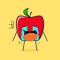 cute red apple character with crying expression, tears and mouth open. green and red. suitable for emoticon, logo, mascot vector