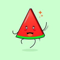 lindo personaje de rebanada de melón con sonrisa y expresión feliz, salto, una mano arriba, boca abierta y ojos brillantes. verde y rojo. adecuado para emoticonos, logotipos, mascotas e iconos vector