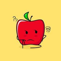 cute red apple character with thinking expression and sit down. green and red. suitable for emoticon, logo, mascot vector