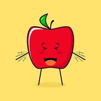 lindo personaje de manzana roja con sonrisa y expresión feliz, ojos cerrados, boca abierta y ambas manos temblando. verde y rojo. adecuado para emoticonos, logotipos, mascotas e iconos vector