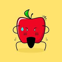 lindo personaje de manzana roja con expresión de asombro, dos manos en la cabeza y la boca abierta. verde y rojo. adecuado para emoticonos, logotipos, mascotas o pegatinas vector