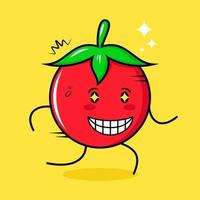 lindo personaje de tomate con expresión feliz, ojos brillantes, correr y sonreír. verde, rojo y amarillo. adecuado para emoticonos, logotipos, mascotas vector