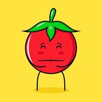 lindo personaje de tomate con expresión feliz, ojos cerrados, ambas manos en el estómago y sonriendo. verde, rojo y amarillo. adecuado para emoticonos, logotipos, mascotas vector