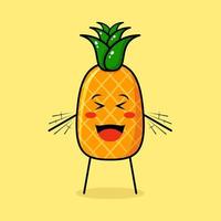 lindo personaje de piña con expresión feliz, ojos cerrados, boca abierta y ambas manos temblando. verde y amarillo. adecuado para emoticonos, logotipos, mascotas vector