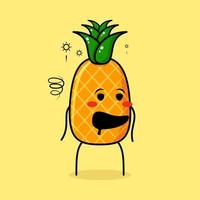 lindo personaje de piña con expresión borracha y boca abierta. verde y amarillo. adecuado para emoticonos, logotipos, mascotas vector