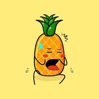 lindo personaje de piña con expresión de miedo y sentarse. verde y amarillo. adecuado para emoticonos, logotipos, mascotas o pegatinas vector