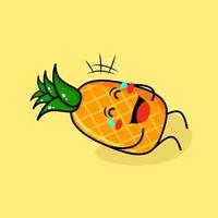 lindo personaje de piña con expresión feliz, acostarse, cerrar los ojos y lágrimas. verde y amarillo. adecuado para emoticonos, logotipos, mascotas vector