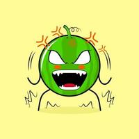 cute watermelon character with very angry expression. eyes bulging and mouth wide open. green and yellow. suitable for emoticon, logo, mascot vector