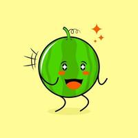 cute watermelon character with happy expression, two hands clenched and sparkling eyes. green and yellow. suitable for emoticon, logo, mascot vector