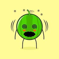 cute watermelon character with dizzy expression and rolling eyes. green and yellow. suitable for emoticon, logo, mascot vector