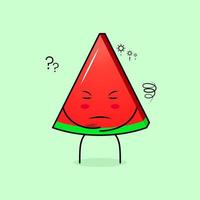 cute watermelon slice character with thinking expression and close eyes. green and red. suitable for emoticon, logo, mascot vector